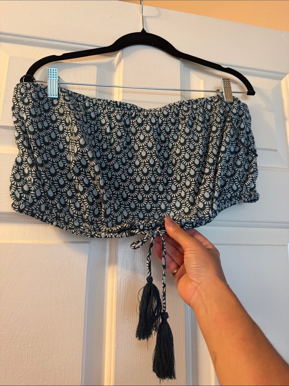 LOFT Blue and green Printed Strapless Crop Top with Tassel Tie